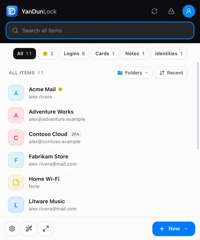 The YanDunLock popup showing a searchable list of logins, cards and notes